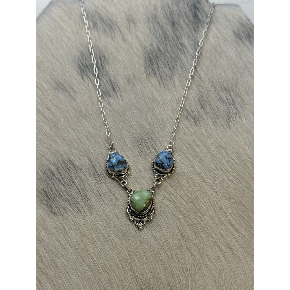 Sterling Silver Sonoran Gold Blue Golden Hills Turquoise Necklace Paperclip - Picture 2 of 13